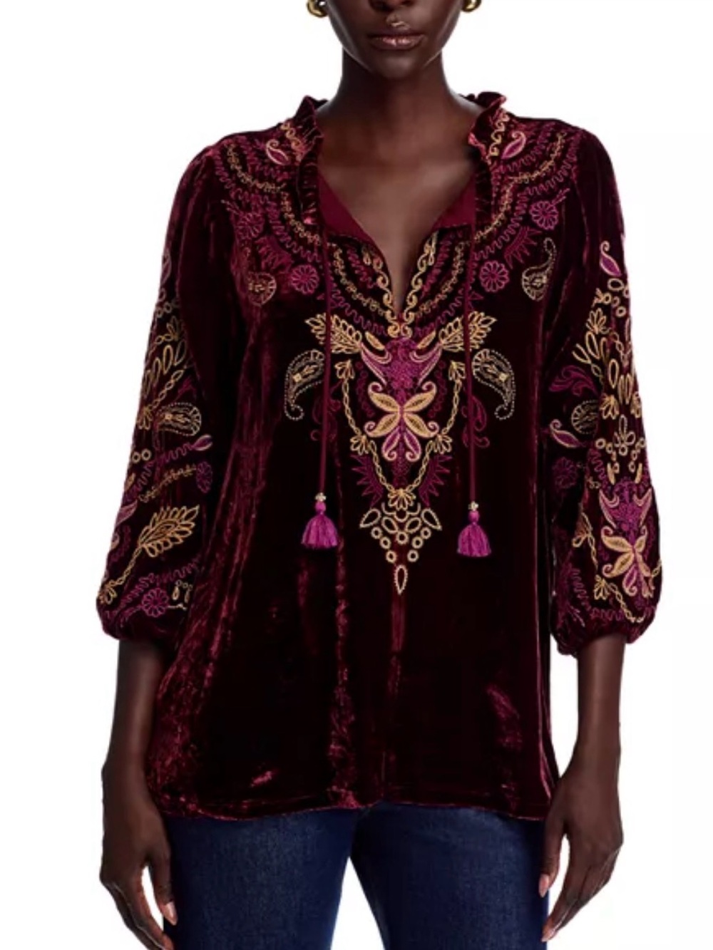Johnny Was Burgundy Velvet Embroidered Top Tassels Sz L D83 - Picture 7 of 8